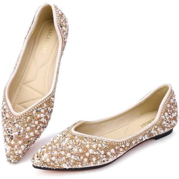 Women's Rhinestone Flats Fashion Pointed Toe Pearl Diamond Low Heel Dress - Picture 2 of 7